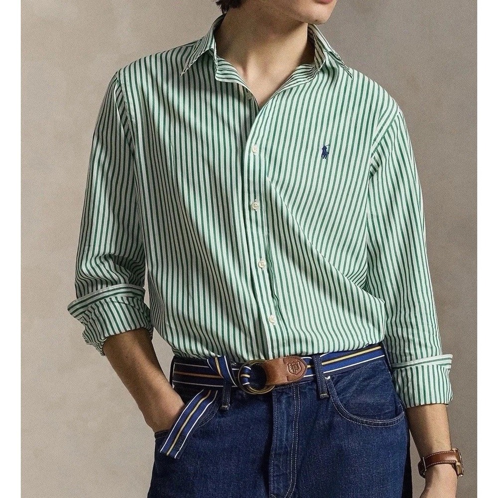 Polo Ralph Lauren Shirt Mens Size 17 L Custom Fit Green White Striped NWT $125